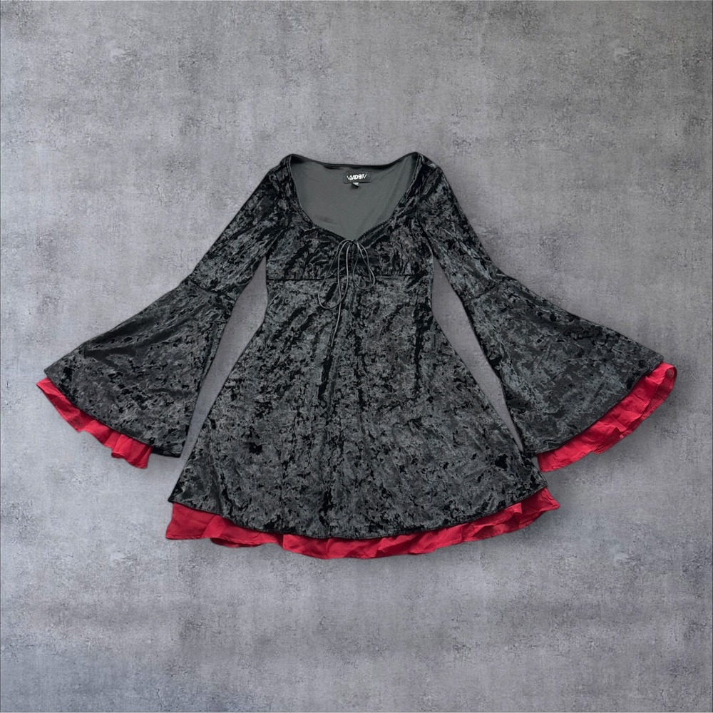 Widow Bell Sleeve Mini Dress Womens XXS Black Red Crushed Velvet Lace Up Goth